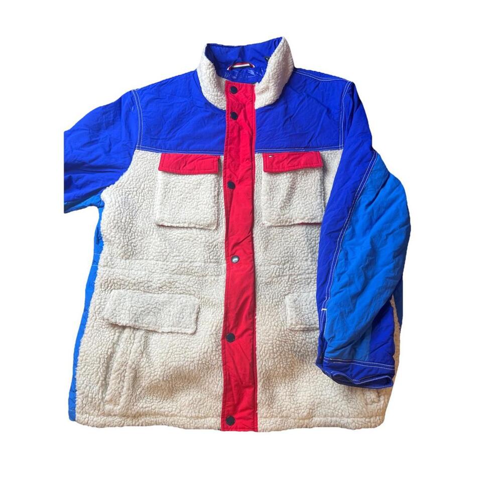 Y2k Tommy Hilfiger Men's Color Block Faux-Sherpa Walking Coat Cream Blue XL